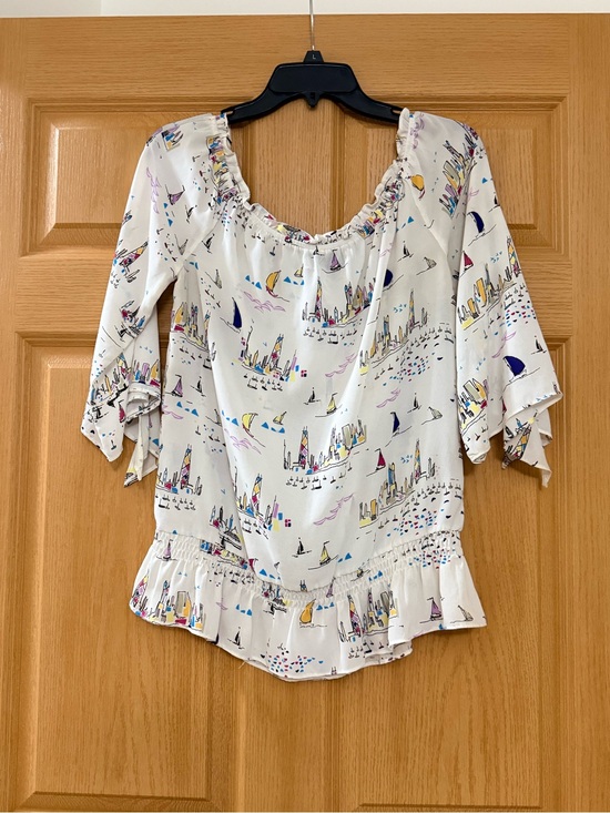 DO+BE Tops - DO+BE White Printed Peasant Blouse with Multicolor Sailboat Print